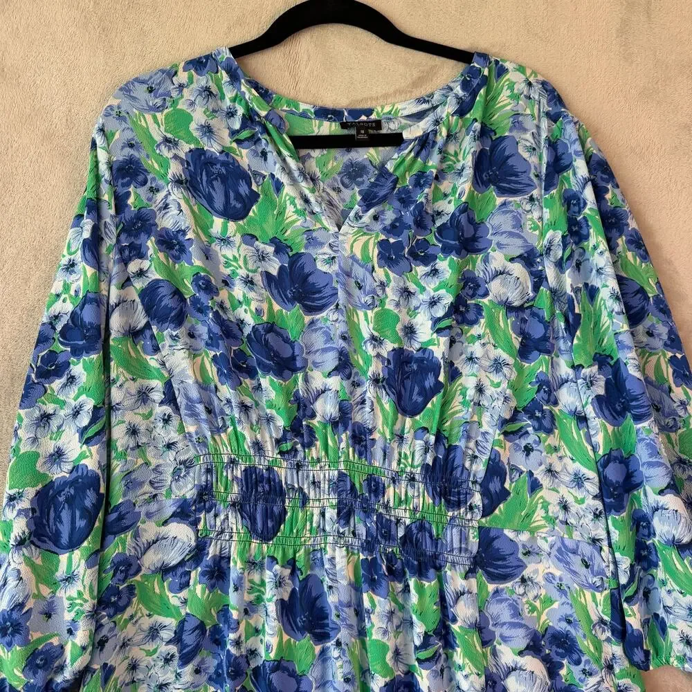 Talbots Dress Womens 18 Blue Green Floral Smocked Midi Cottagecore Ruffle Hem - Picture 5 of 7